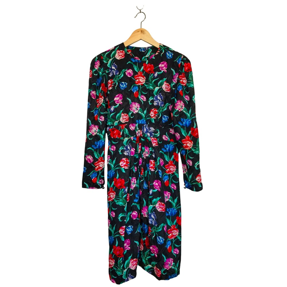 VTG Maggy London Jeannene Booher 100% Silk Floral Dress Black Red Blue Tulip 12